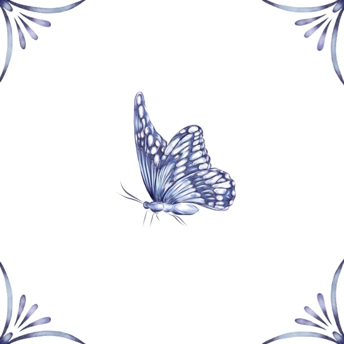 Delft Blue Ceramic Tile- Monarch Butterfly︱Bathroom Tile, Splashback, Kitchen Tiles, Modern Dutch Style
