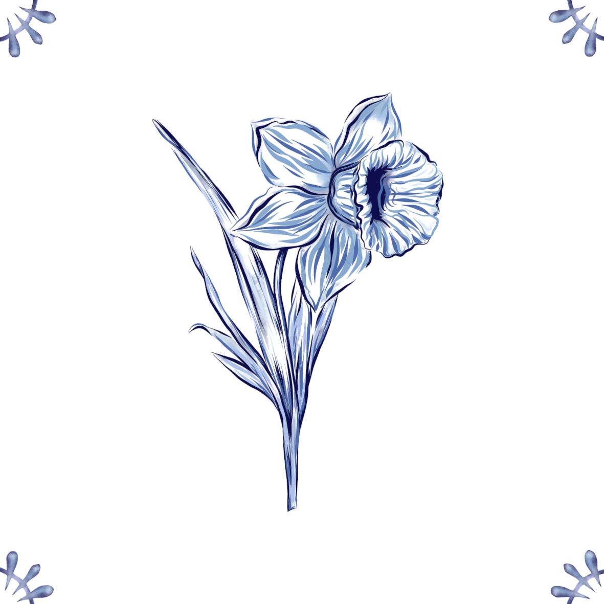 Delft Blue Ceramic Tile- Daffodil︱Bathroom Tile, Splashback, Kitchen Tiles, Modern Dutch Style