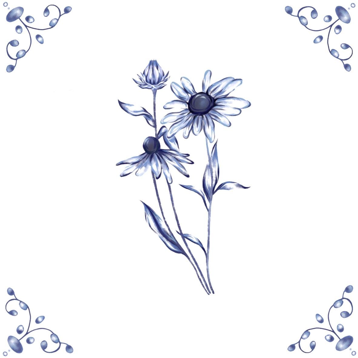 Delft Blue Ceramic Tile- Daisy︱Bathroom Tile, Splashback, Kitchen Tiles, Modern Dutch Style