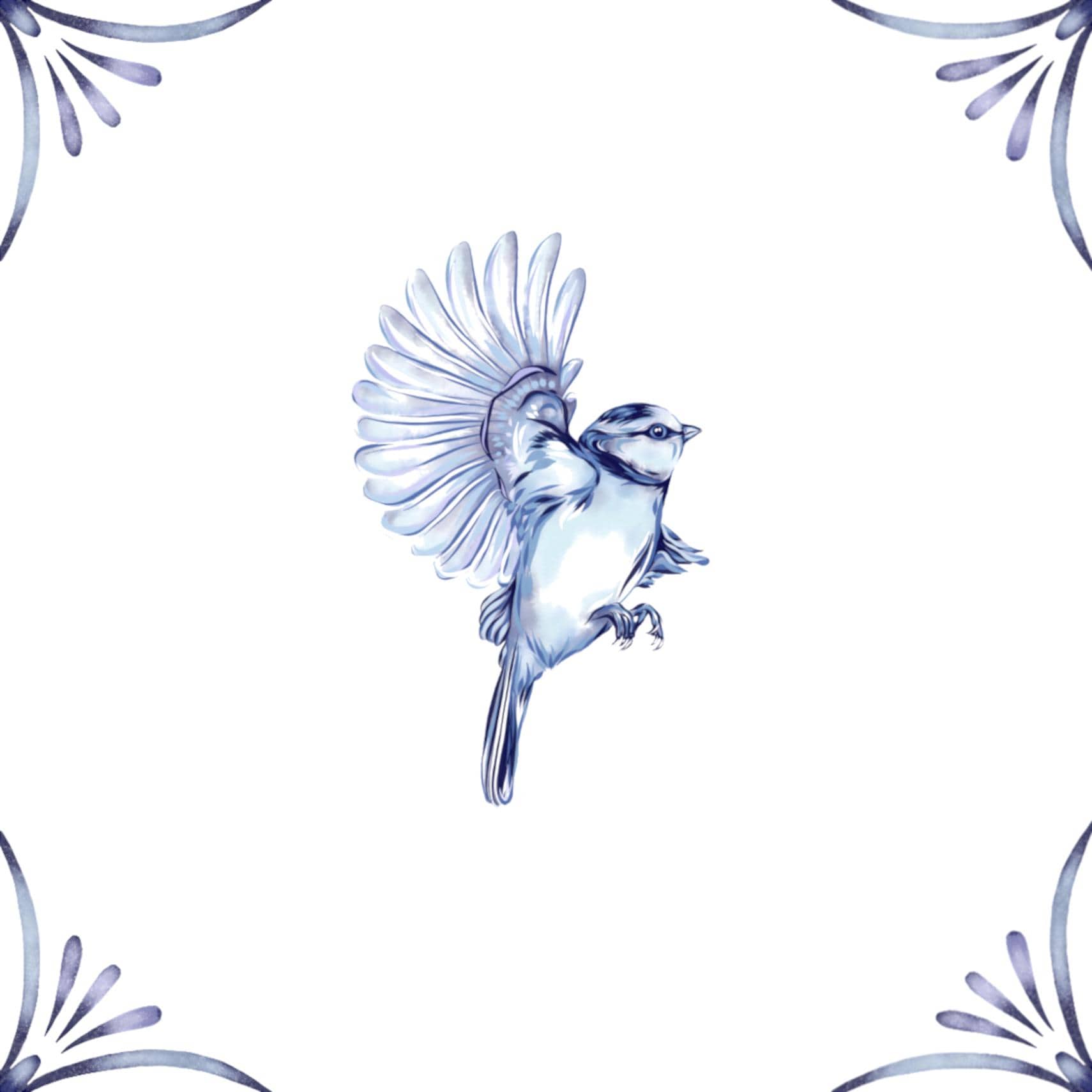 Delft Blue Ceramic Tile- Blue Tit︱Bathroom Tile, Splashback, Kitchen Tiles, Modern Dutch Style