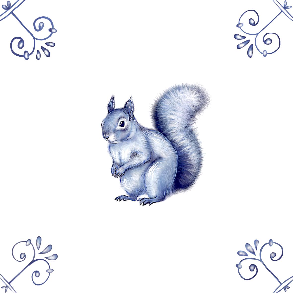Delft Blue Ceramic Tile- Squirrel︱Bathroom Tile, Splashback, Kitchen Tiles, Modern Dutch Style