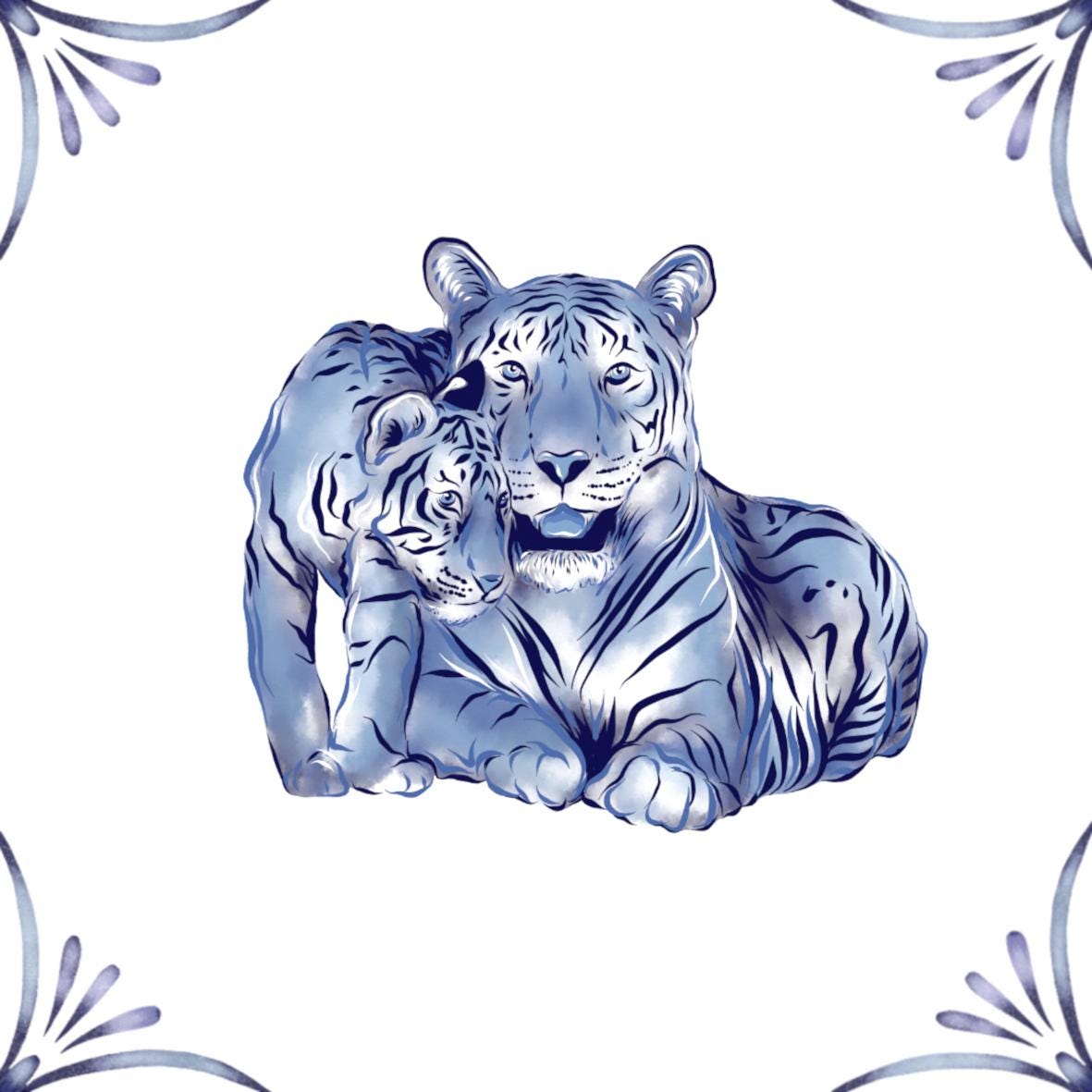 Delft Blue Ceramic Tile- Tiger and Cub︱Bathroom Tile, Splashback, Kitchen Tiles, Modern Dutch Style