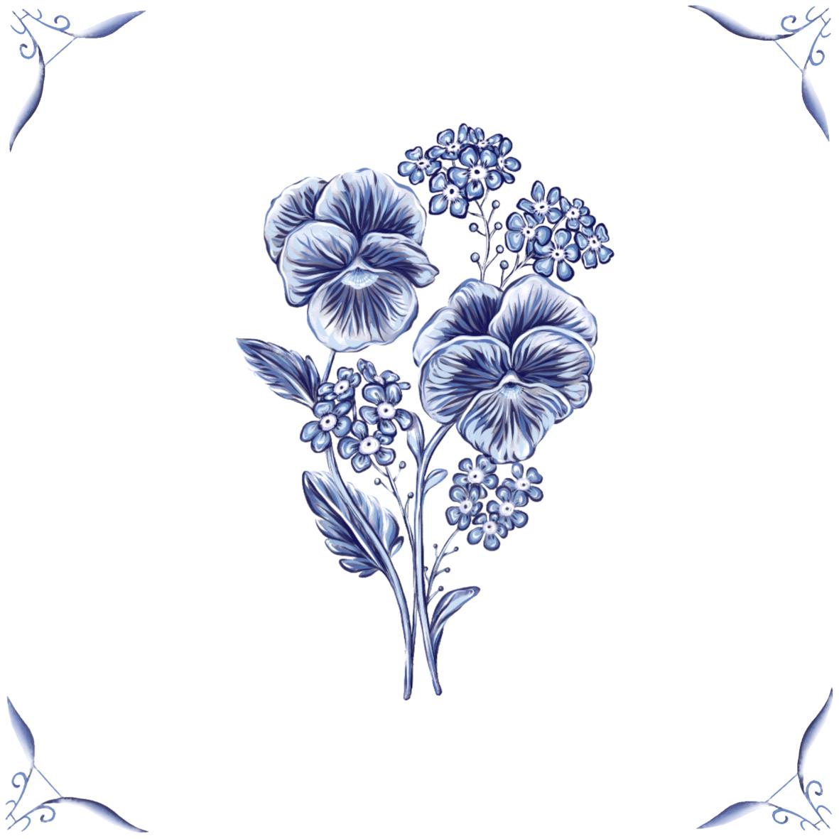 Delft Blue Ceramic Tile- Pansy︱Bathroom Tile, Splashback, Kitchen Tiles, Modern Dutch Style