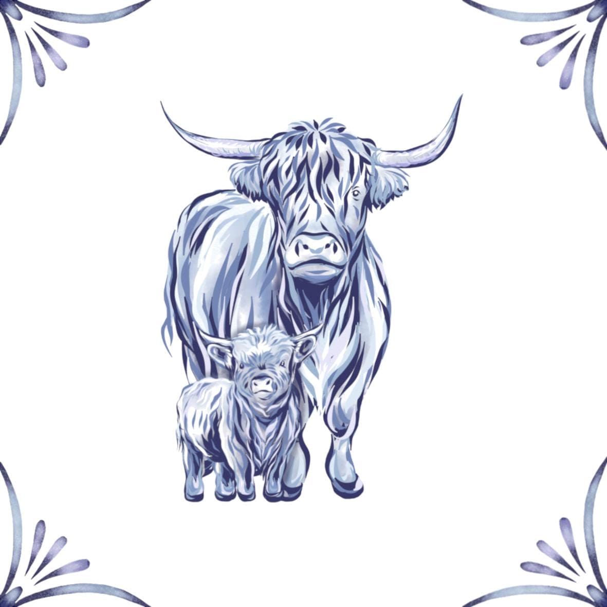 Delft Blue Ceramic Tile- Highland Cow and Calf︱Bathroom Tile, Splashback, Kitchen Tiles, Modern Dutch Style