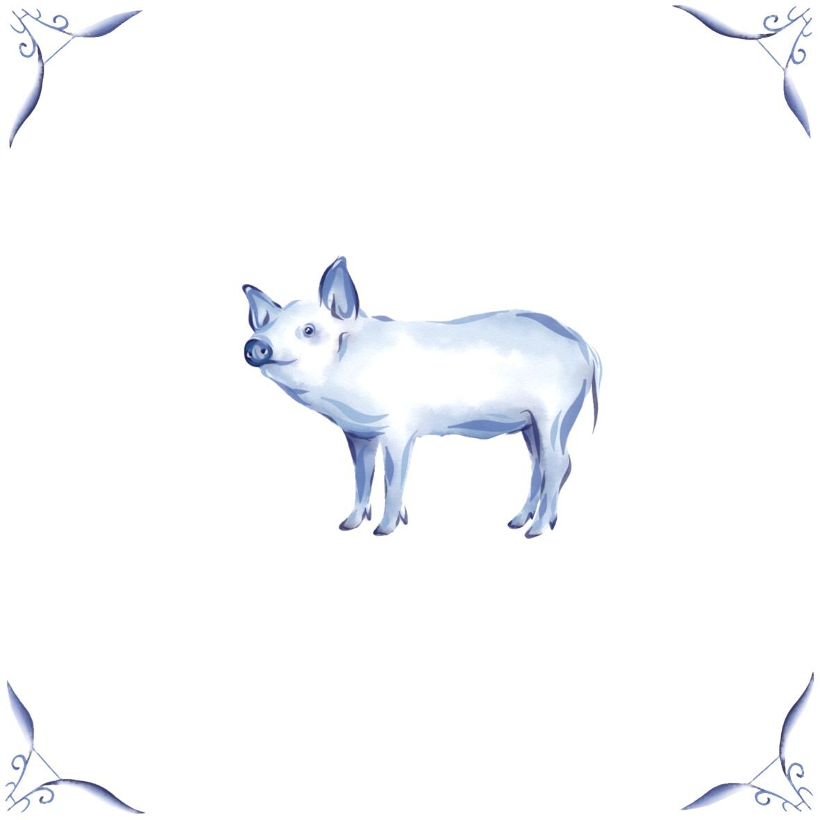 Delft Blue Ceramic Tile- Pig︱Bathroom Tile, Splashback, Kitchen Tiles, Modern Dutch Style
