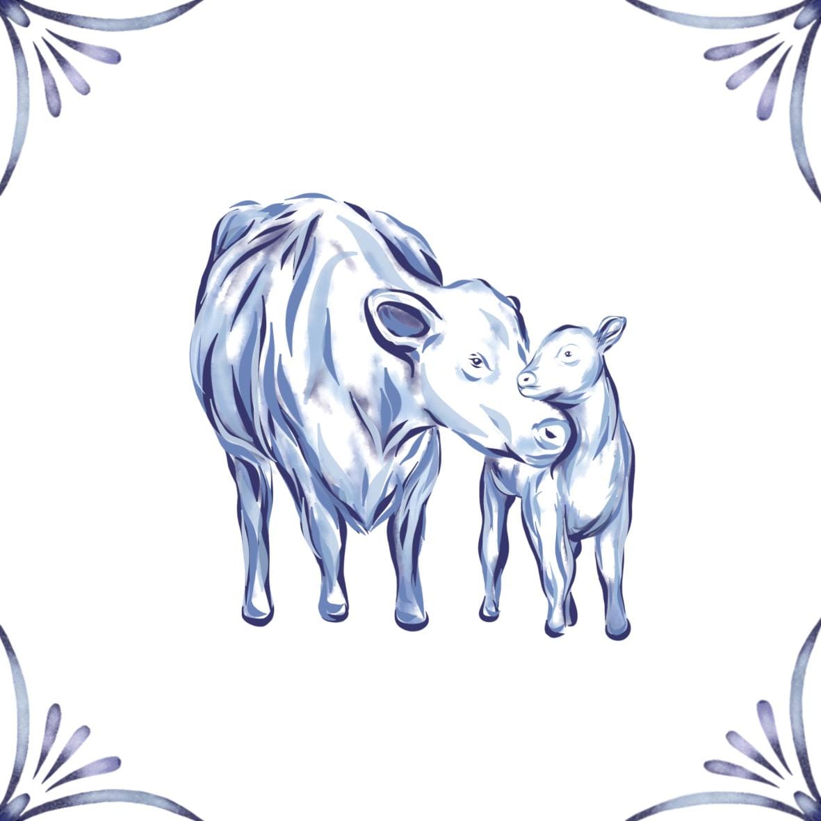 Delft Blue Ceramic Tile- Cow and Calf︱Bathroom Tile, Splashback, Kitchen Tiles, Modern Dutch Style