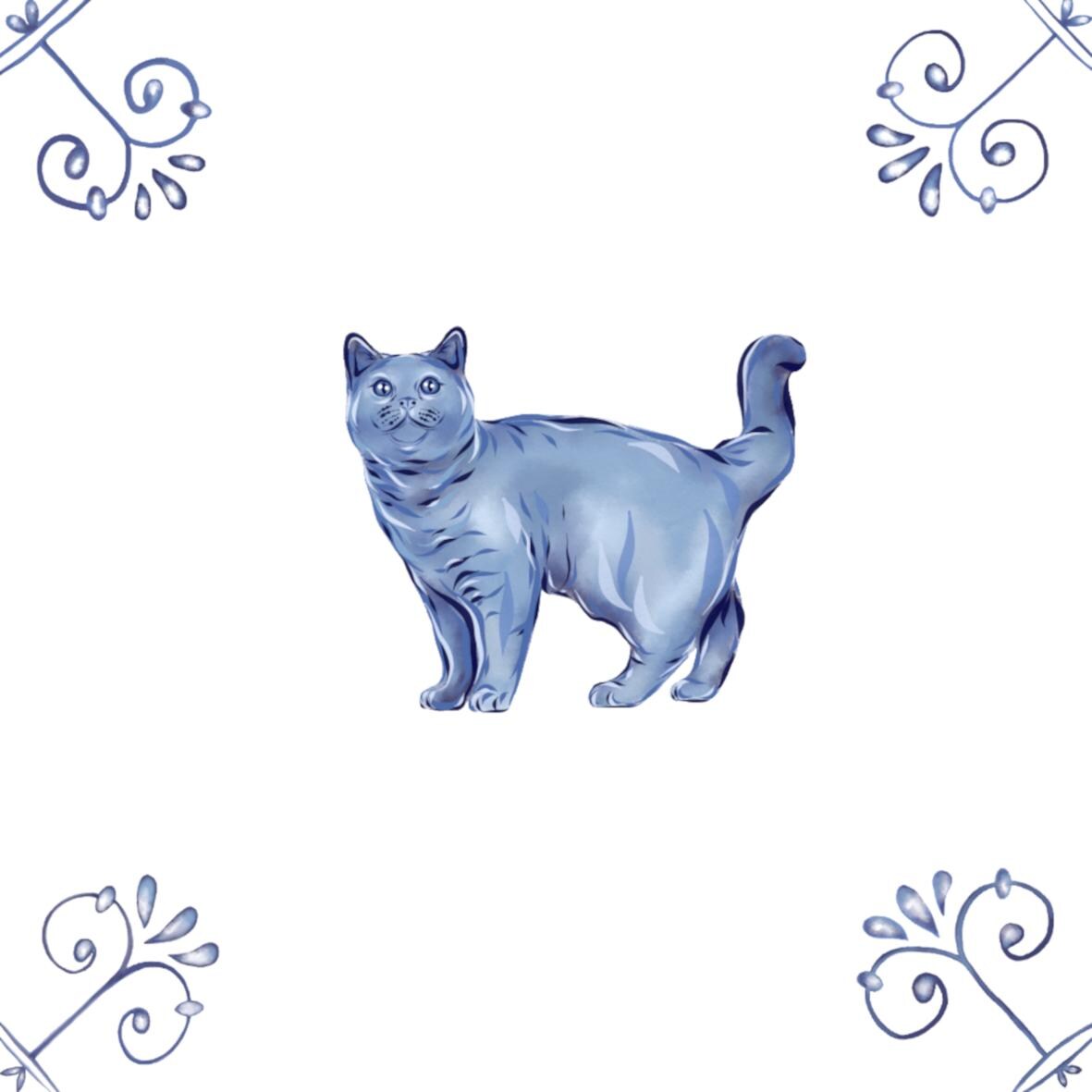 Delft Blue Ceramic Tile- British Shorthair Cat︱Bathroom Tile, Splashback, Kitchen Tiles, Modern Dutch Style