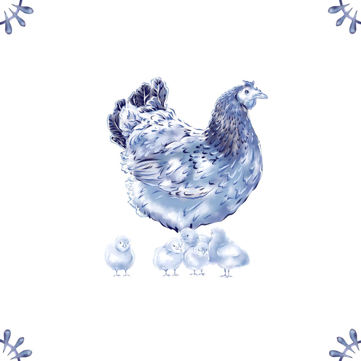 Delft Blue Ceramic Tile- Hen and Chicks︱Bathroom Tile, Splashback, Kitchen Tiles, Modern Dutch Style