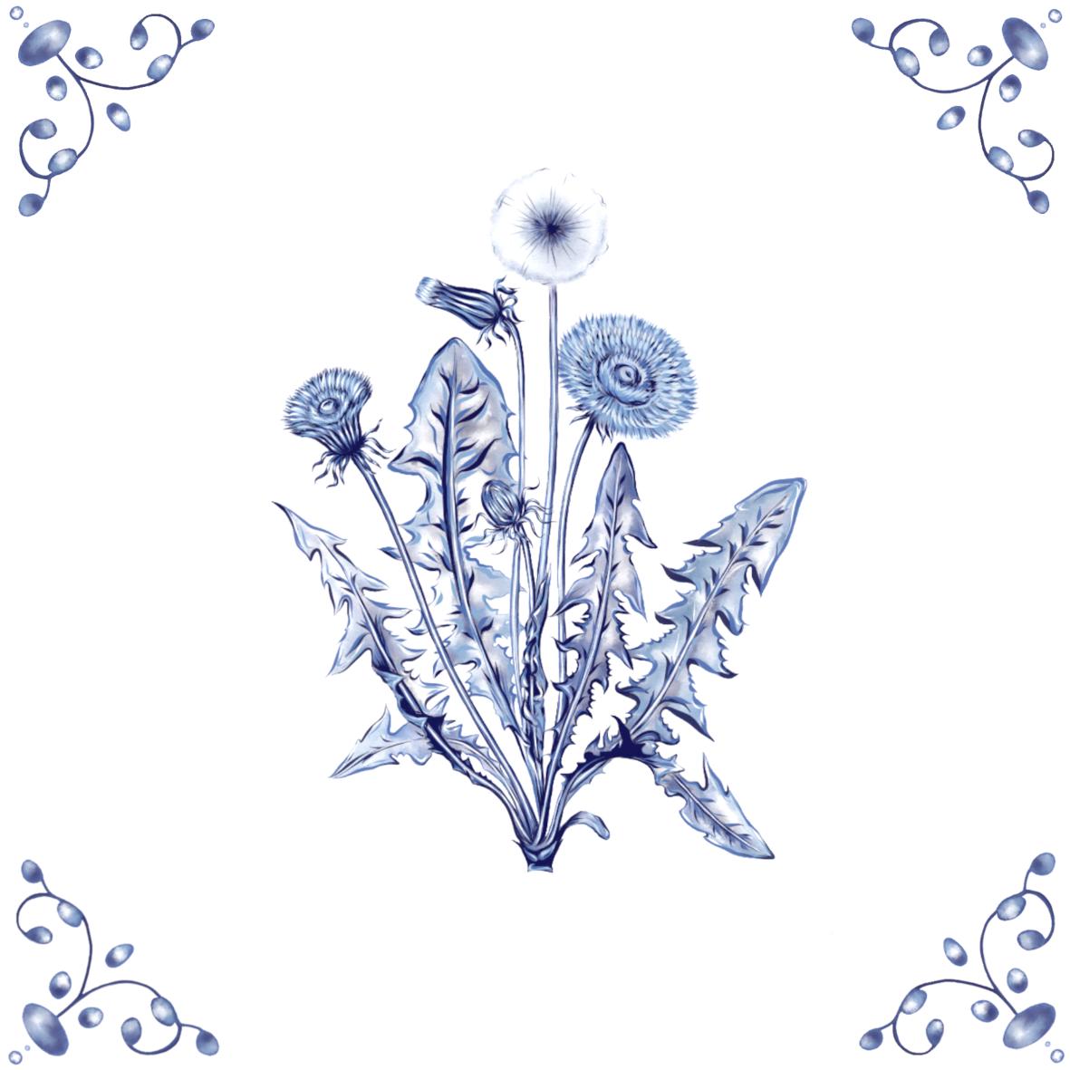 Delft Blue Ceramic Tile- Dandelion︱Bathroom Tile, Splashback, Kitchen Tiles, Modern Dutch Style