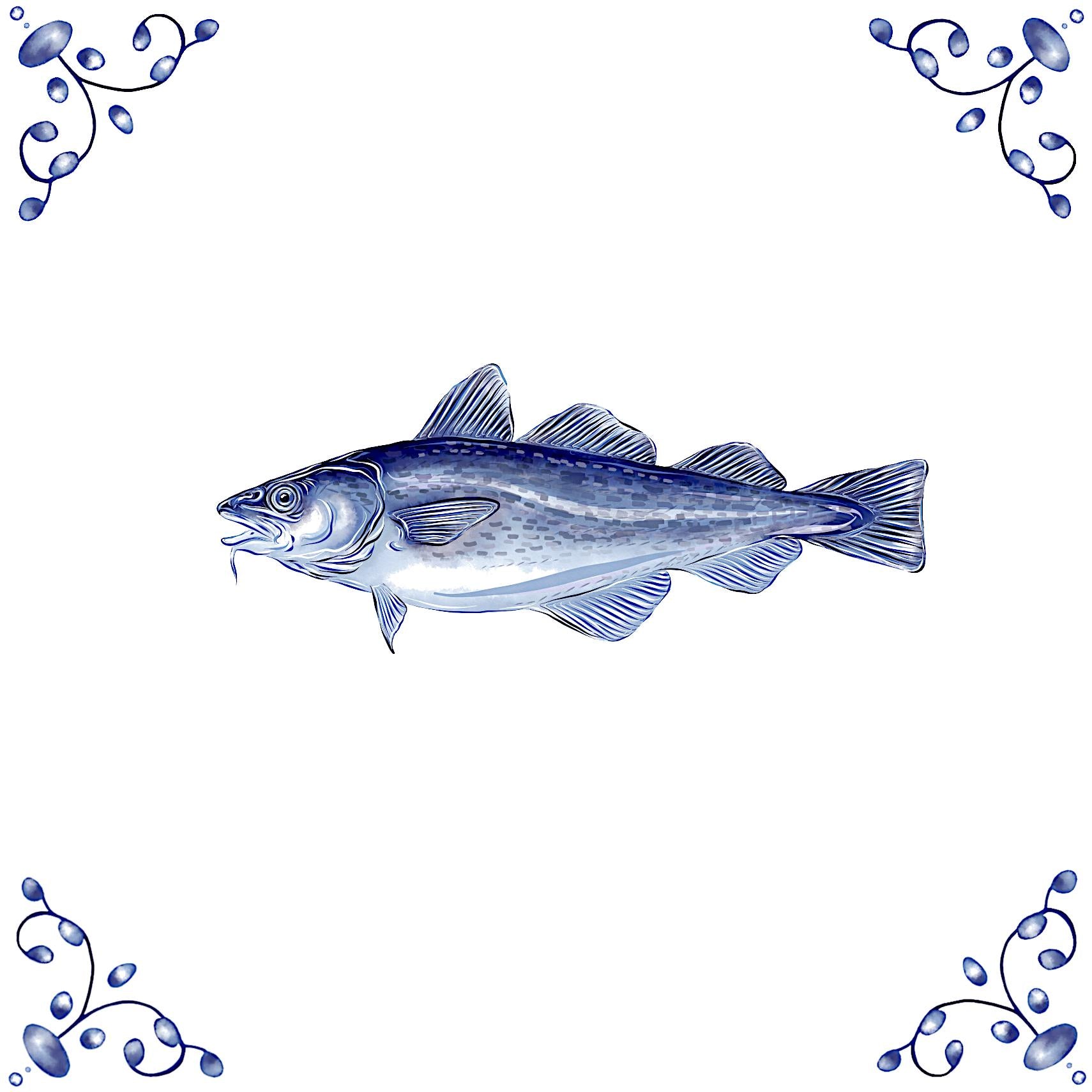 Delft Blue Ceramic Tile- Cod Fish︱Bathroom Tile, Splashback, Kitchen Tiles, Modern Dutch Style