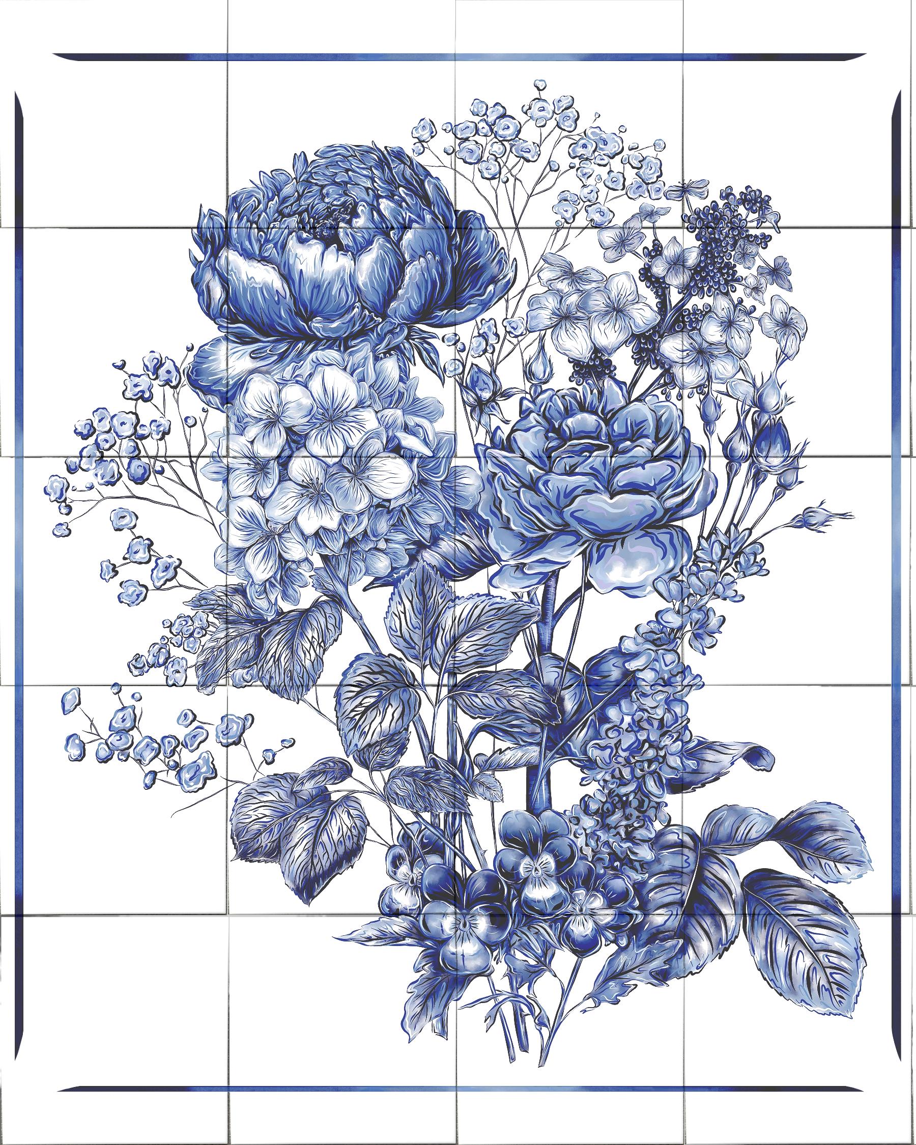 Delft Blue Ceramic Tile Mural- Floral Bouquet︱Splashback, Kitchen Tiles, Modern Dutch Style