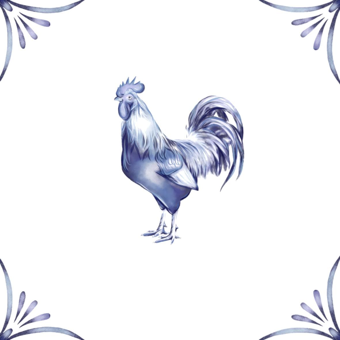 Delft Blue Ceramic Tile- Cockerel︱Bathroom Tile, Splashback, Kitchen Tiles, Modern Dutch Style