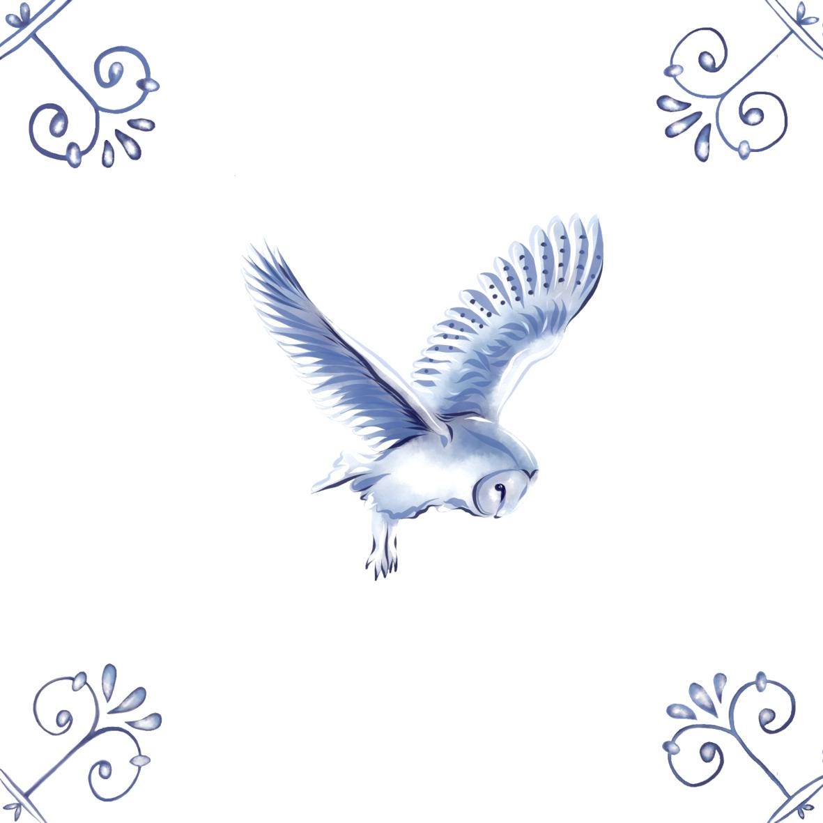 Delft Blue Ceramic Tile- Barn Owl︱Bathroom Tile, Splashback, Kitchen Tiles, Modern Dutch Style
