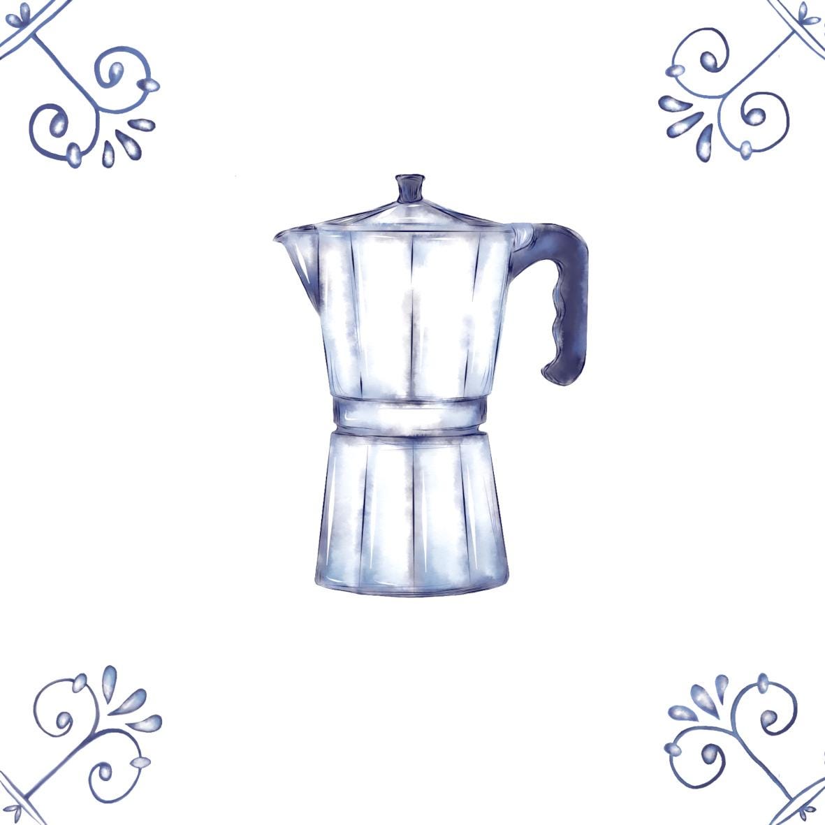 Delft Blue Ceramic Tile- Mocha Pot / Espresso Maker︱Bathroom Tile, Splashback, Kitchen Tiles, Modern Dutch Style
