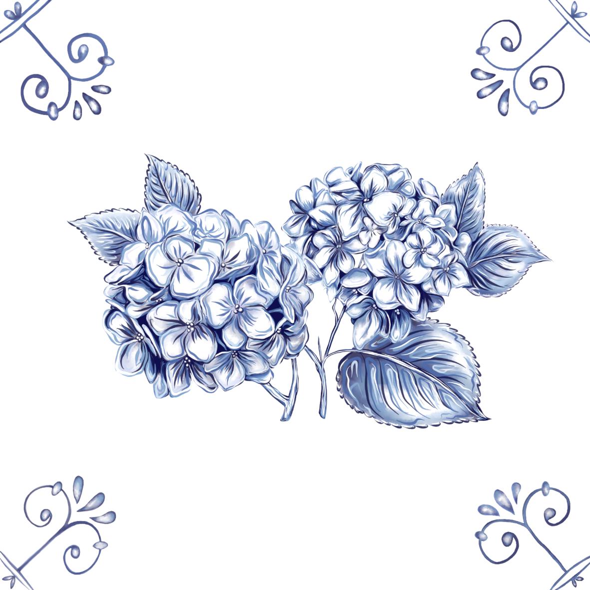 Delft Blue Ceramic Tile- Hydrangea Cluster︱Bathroom Tile, Splashback, Kitchen Tiles, Modern Dutch Style