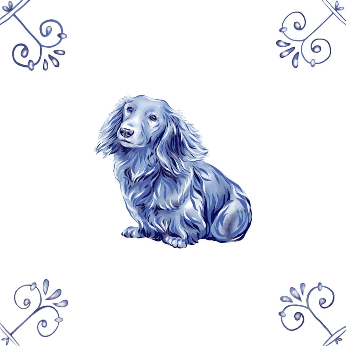 Delft Blue Ceramic Tile- Long Haired Dachshund Dog︱Bathroom Tile, Splashback, Kitchen Tiles, Modern Dutch Style