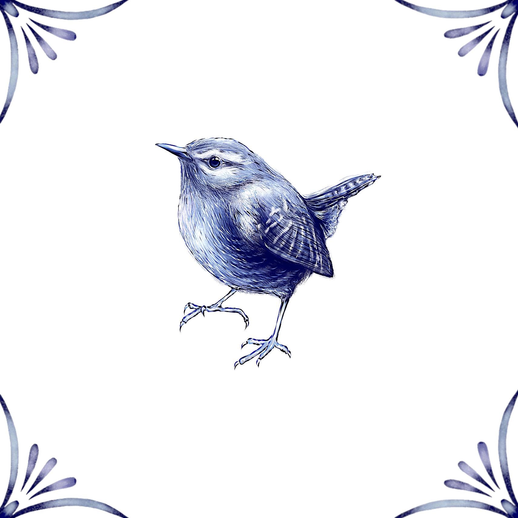 Delft Blue Ceramic Tile- Detailed Wren︱Bathroom Tile, Splashback, Kitchen Tiles, Modern Dutch Style
