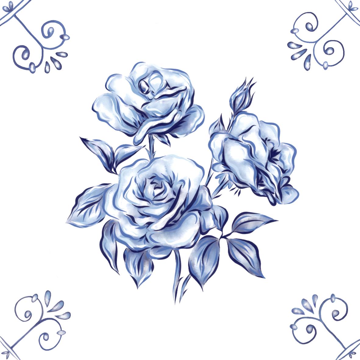 Delft Blue Ceramic Tile- Rose︱Bathroom Tile, Splashback, Kitchen Tiles, Modern Dutch Style