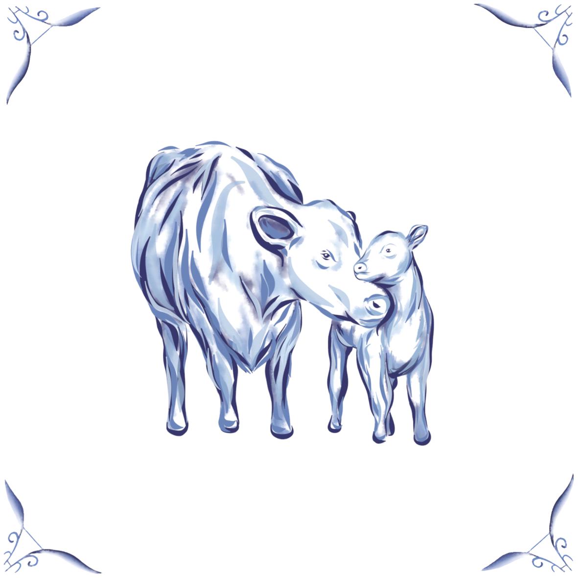 Delft Blue Ceramic Tile- Cow and Calf︱Bathroom Tile, Splashback, Kitchen Tiles, Modern Dutch Style