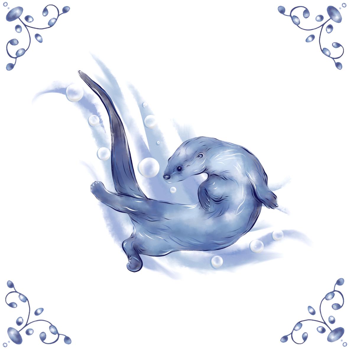 Delft Blue Ceramic Tile- Otter Swimming︱Bathroom Tile, Splashback, Kitchen Tiles, Modern Dutch Style