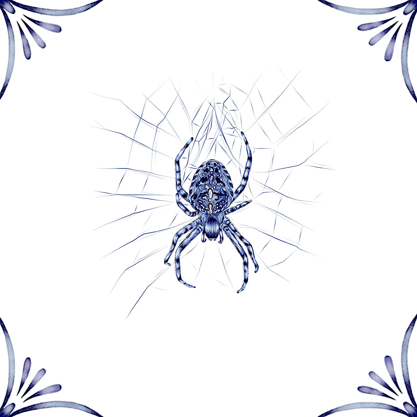 Delft Blue Ceramic Tile- Garden Spider︱Bathroom Tile, Splashback, Kitchen Tiles, Modern Dutch Style