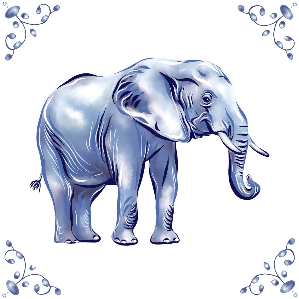 Delft Blue Ceramic Tile- African Elephant︱Bathroom Tile, Splashback, Kitchen Tiles, Modern Dutch Style
