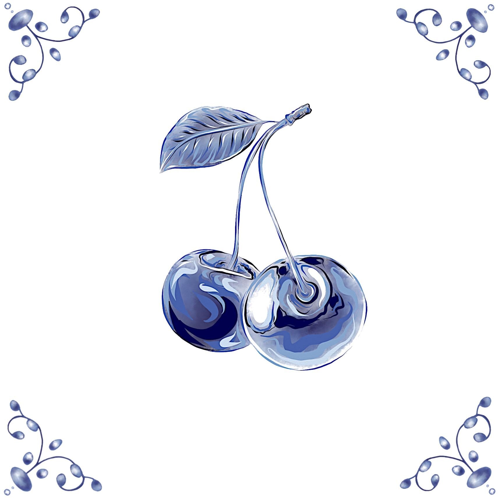 Delft Blue Ceramic Tile- Cherry︱Bathroom Tile, Splashback, Kitchen Tiles, Modern Dutch Style