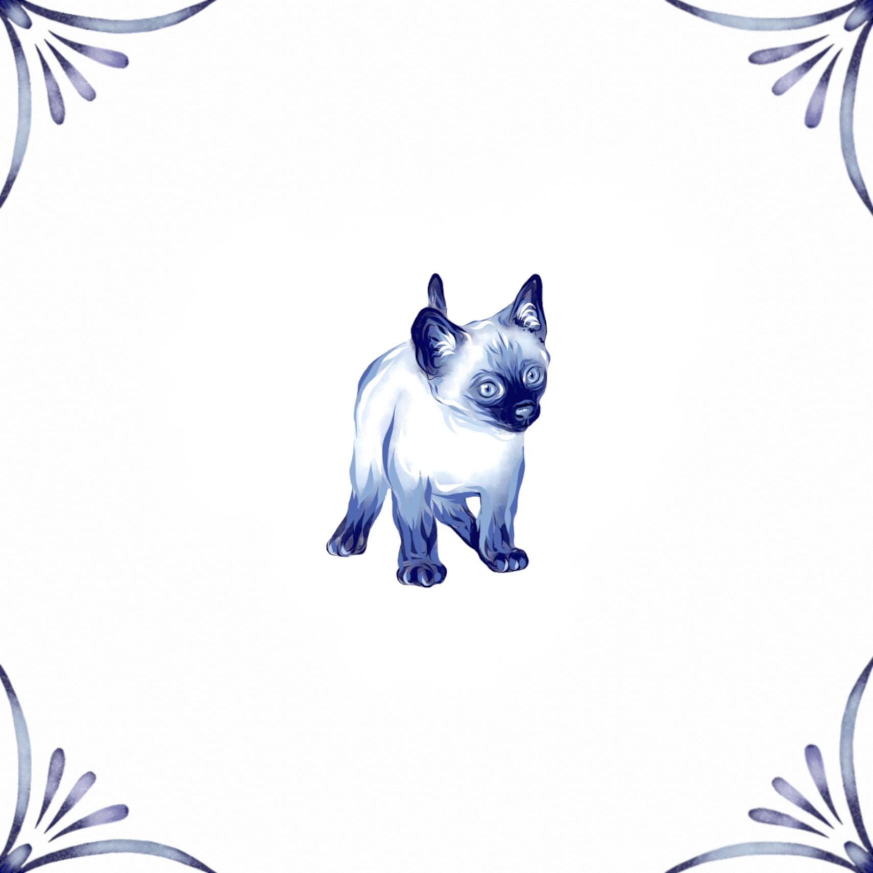 Delft Blue Ceramic Tile- Siamese Cat Kitten︱Bathroom Tile, Splashback, Kitchen Tiles, Modern Dutch Style
