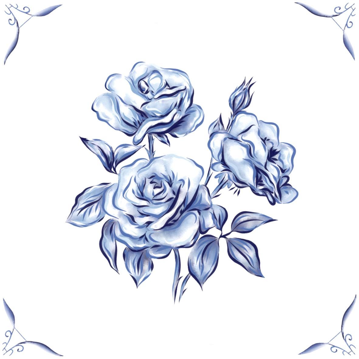 Delft Blue Ceramic Tile- Rose︱Bathroom Tile, Splashback, Kitchen Tiles, Modern Dutch Style