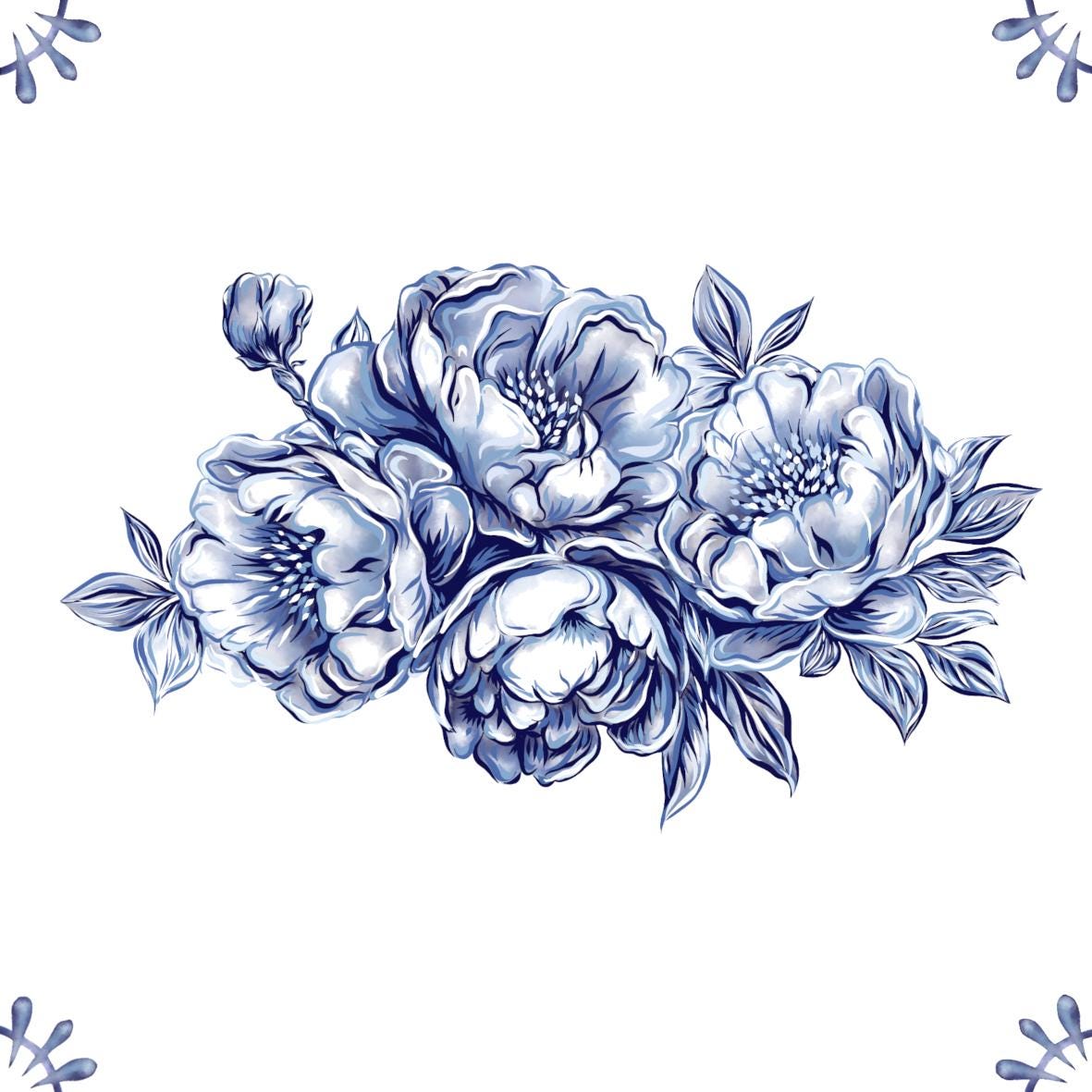 Delft Blue Ceramic Tile- Peony Cluster︱Bathroom Tile, Splashback, Kitchen Tiles, Modern Dutch Style