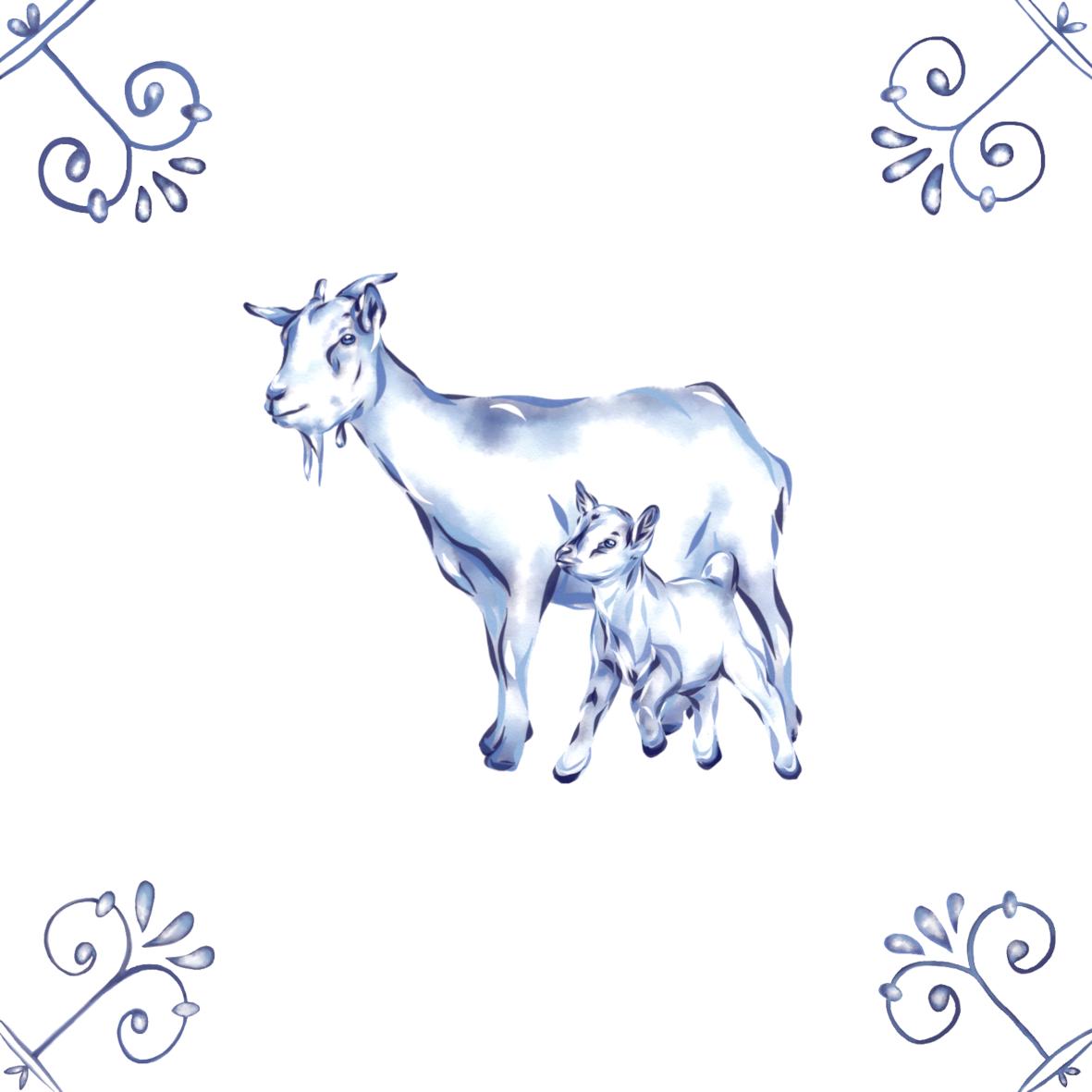 Delft Blue Ceramic Tile- Goat and Kid︱Bathroom Tile, Splashback, Kitchen Tiles, Modern Dutch Style