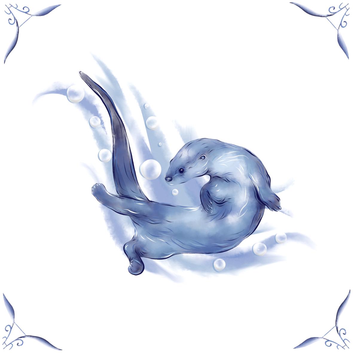 Delft Blue Ceramic Tile- Otter Swimming︱Bathroom Tile, Splashback, Kitchen Tiles, Modern Dutch Style