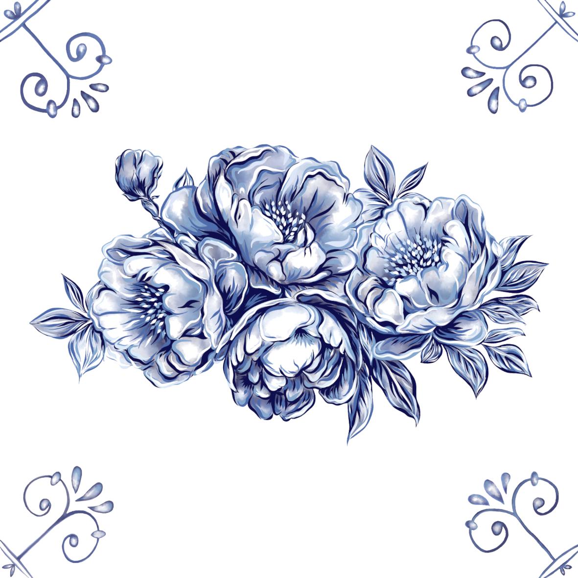 Delft Blue Ceramic Tile- Peony Cluster︱Bathroom Tile, Splashback, Kitchen Tiles, Modern Dutch Style
