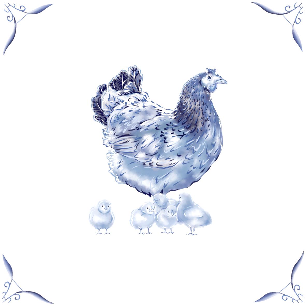 Delft Blue Ceramic Tile- Hen and Chicks︱Bathroom Tile, Splashback, Kitchen Tiles, Modern Dutch Style