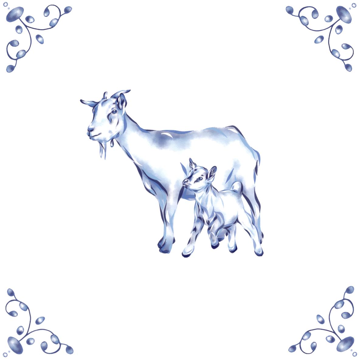 Delft Blue Ceramic Tile- Goat and Kid︱Bathroom Tile, Splashback, Kitchen Tiles, Modern Dutch Style