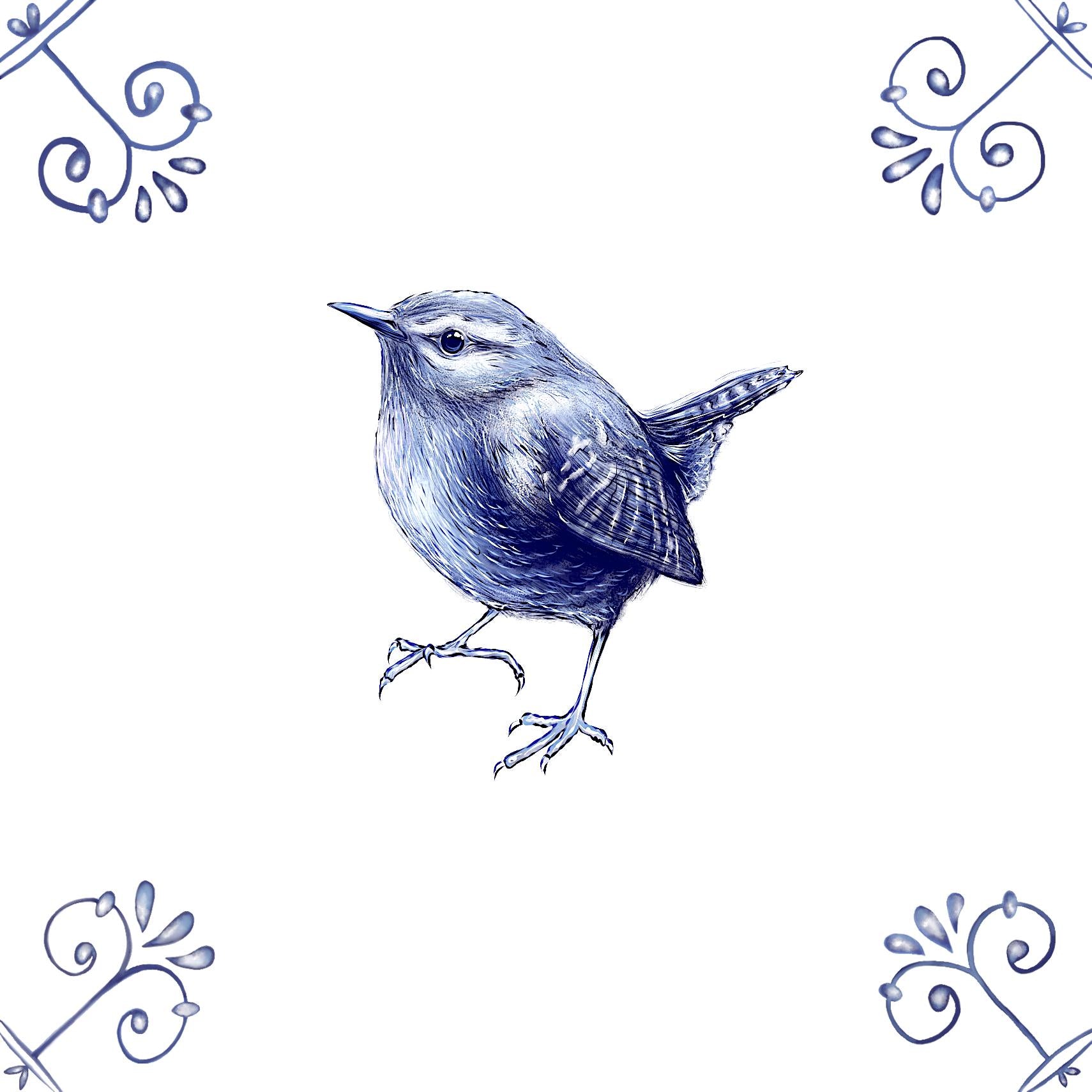 Delft Blue Ceramic Tile- Detailed Wren︱Bathroom Tile, Splashback, Kitchen Tiles, Modern Dutch Style