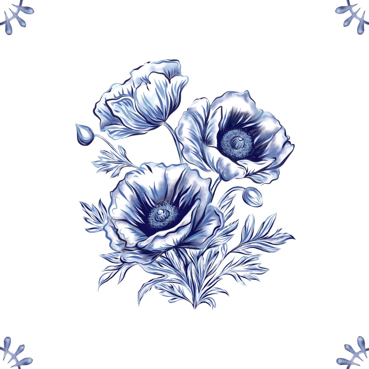 Delft Blue Ceramic Tile- Poppy︱Bathroom Tile, Splashback, Kitchen Tiles, Modern Dutch Style