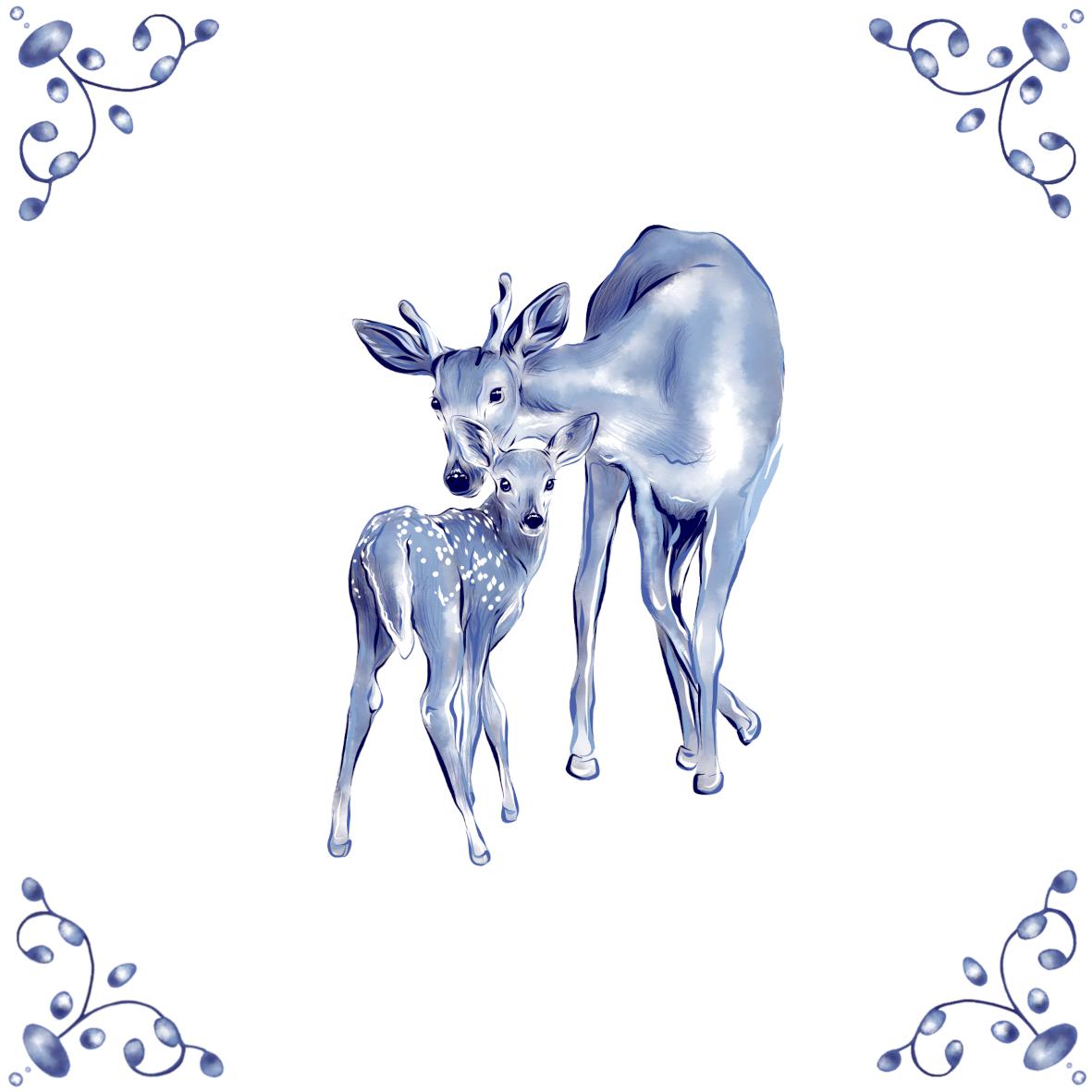 Delft Blue Ceramic Tile- Deer and Fawn︱Bathroom Tile, Splashback, Kitchen Tiles, Modern Dutch Style