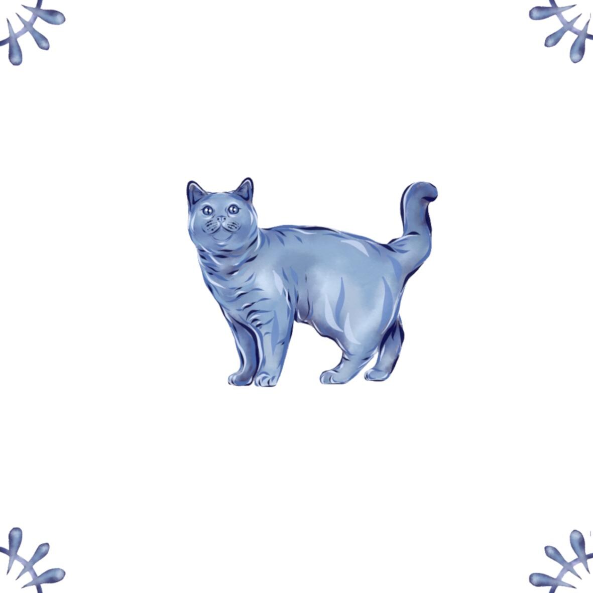 Delft Blue Ceramic Tile- British Shorthair Cat︱Bathroom Tile, Splashback, Kitchen Tiles, Modern Dutch Style
