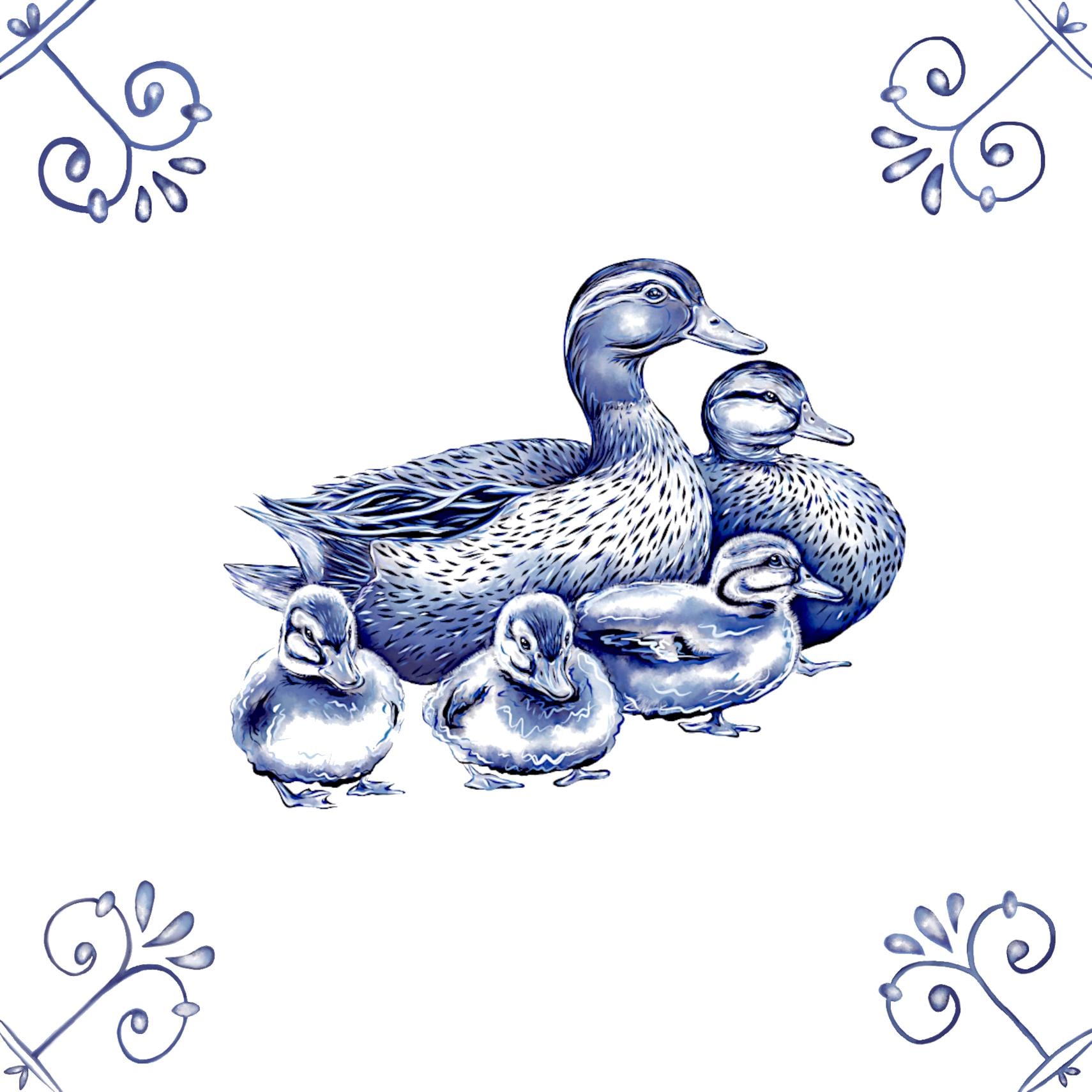 Delft Blue Ceramic Tile- Duck Family︱Bathroom Tile, Splashback, Kitchen Tiles, Modern Dutch Style