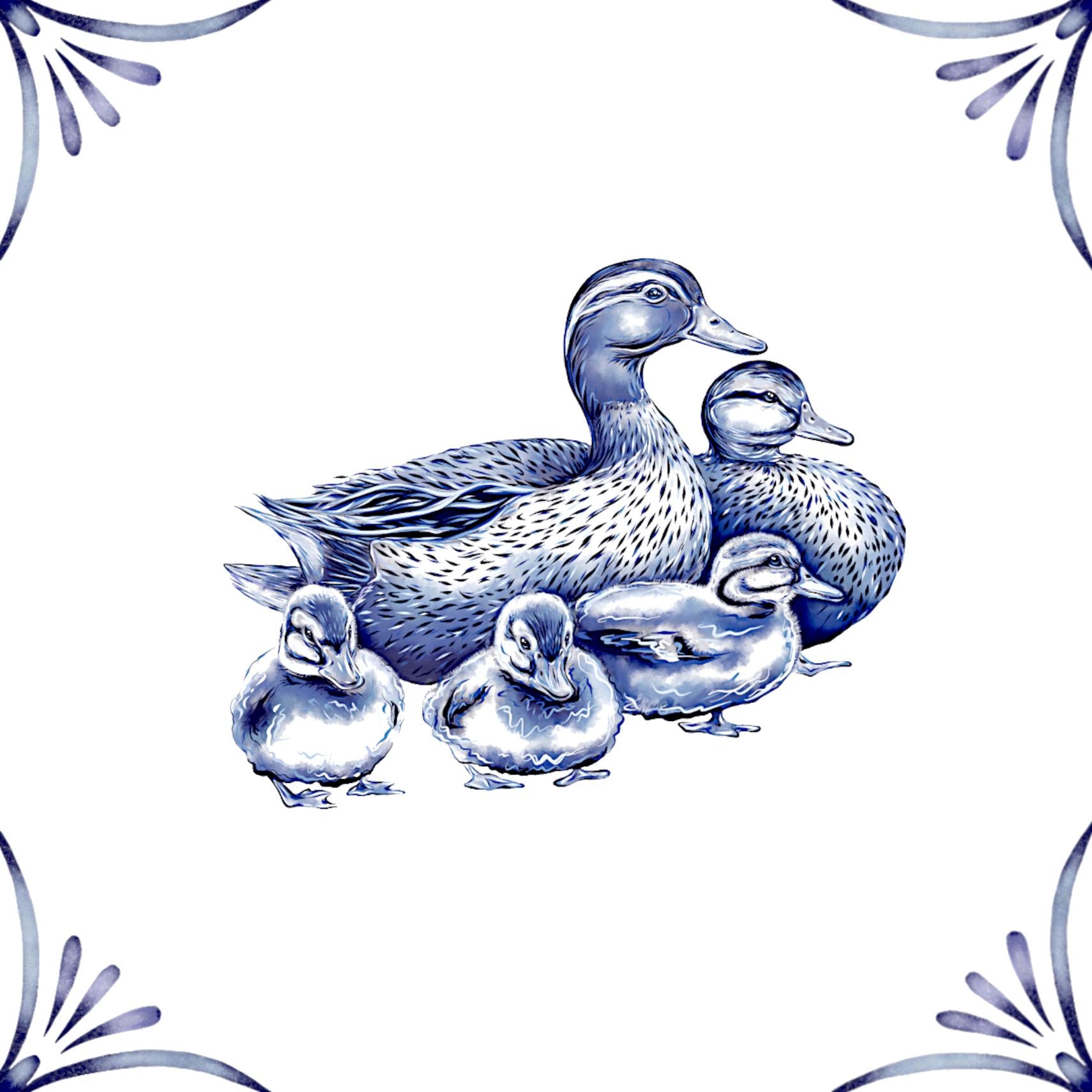 Delft Blue Ceramic Tile- Duck Family︱Bathroom Tile, Splashback, Kitchen Tiles, Modern Dutch Style