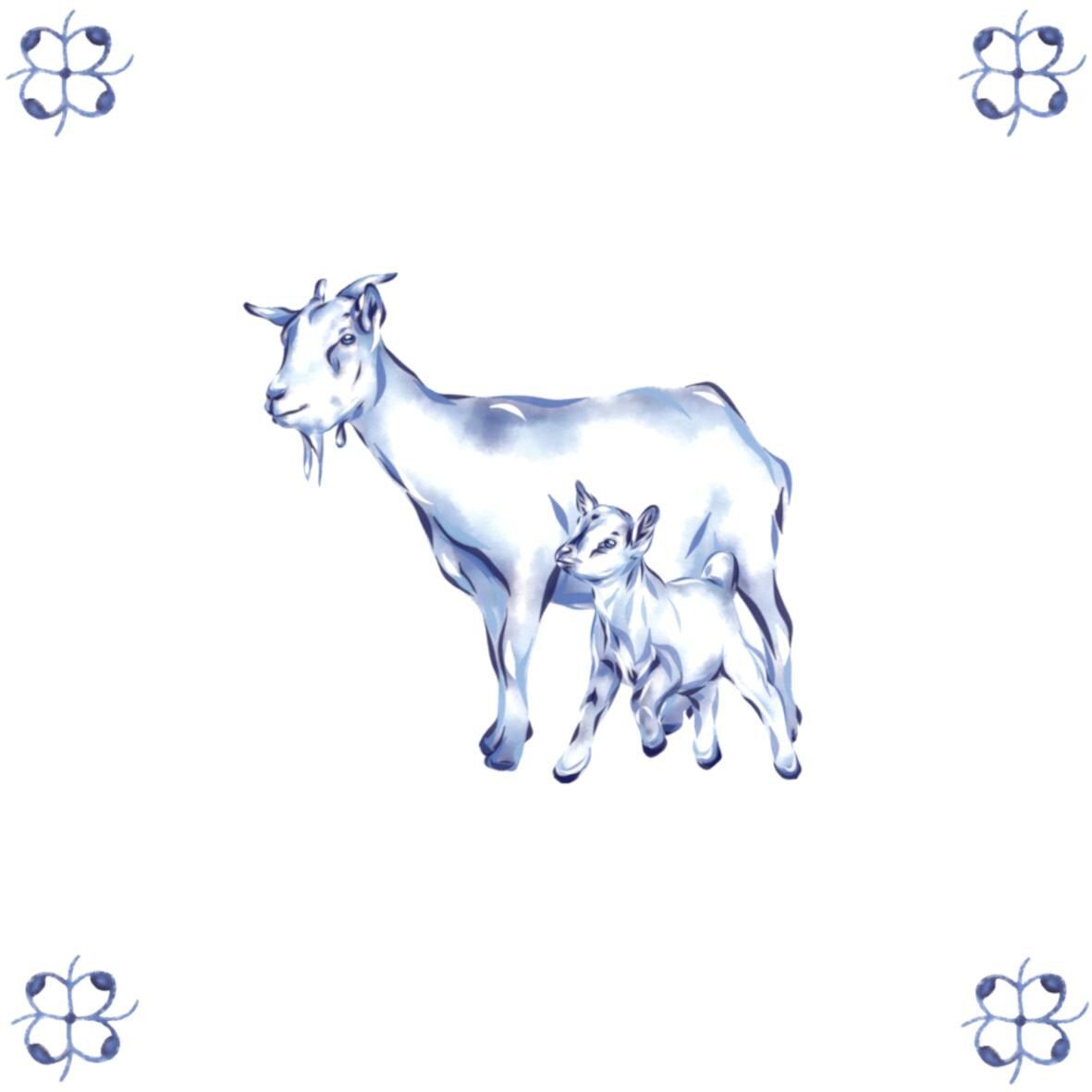 Delft Blue Ceramic Tile- Goat and Kid︱Bathroom Tile, Splashback, Kitchen Tiles, Modern Dutch Style