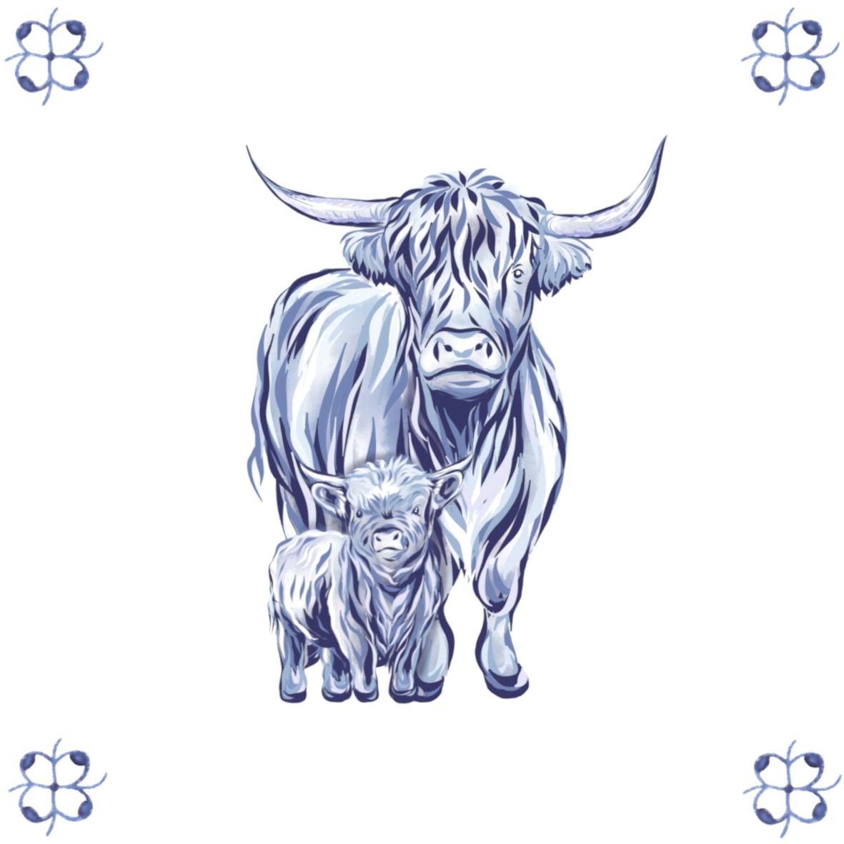 Delft Blue Ceramic Tile- Highland Cow and Calf︱Bathroom Tile, Splashback, Kitchen Tiles, Modern Dutch Style