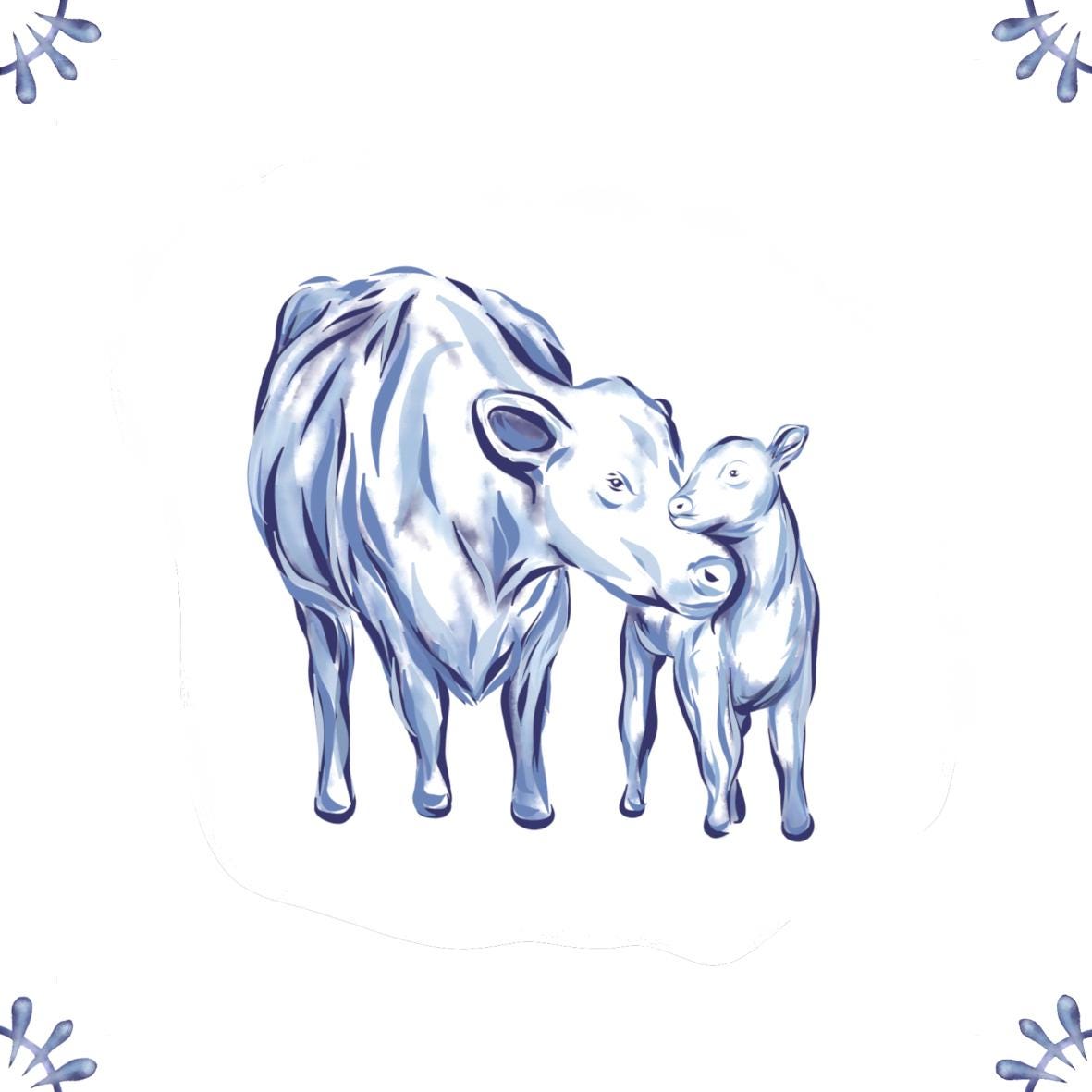 Delft Blue Ceramic Tile- Cow and Calf︱Bathroom Tile, Splashback, Kitchen Tiles, Modern Dutch Style