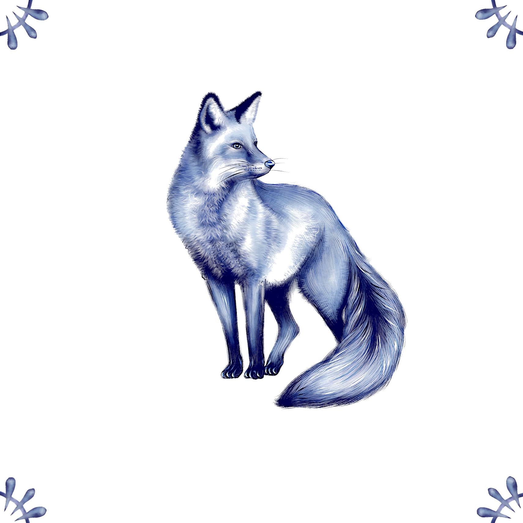 Delft Blue Ceramic Tile- Detailed Fox︱Bathroom Tile, Splashback, Kitchen Tiles, Modern Dutch Style