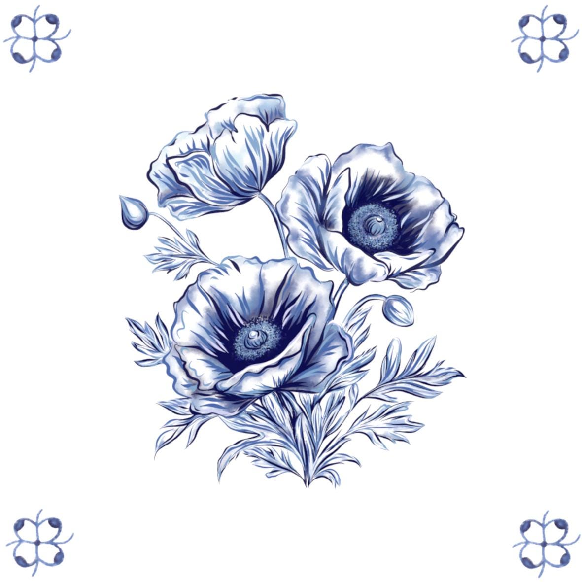 Delft Blue Ceramic Tile- Poppy︱Bathroom Tile, Splashback, Kitchen Tiles, Modern Dutch Style