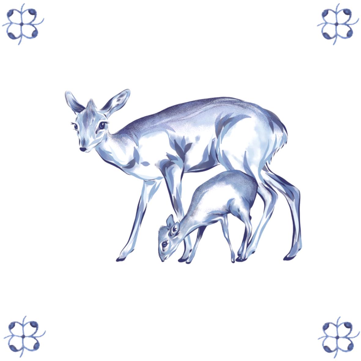 Delft Blue Ceramic Tile- Dik-Dik and Baby︱Bathroom Tile, Splashback, Kitchen Tiles, Modern Dutch Style