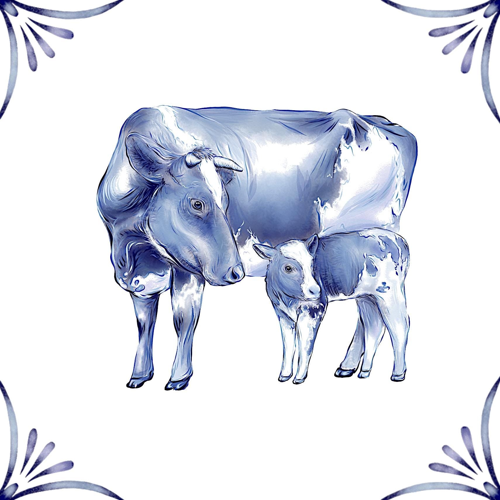 Delft Blue Ceramic Tile- Detailed Cow & Calf︱Splashback, Kitchen Tiles, Modern Dutch Style