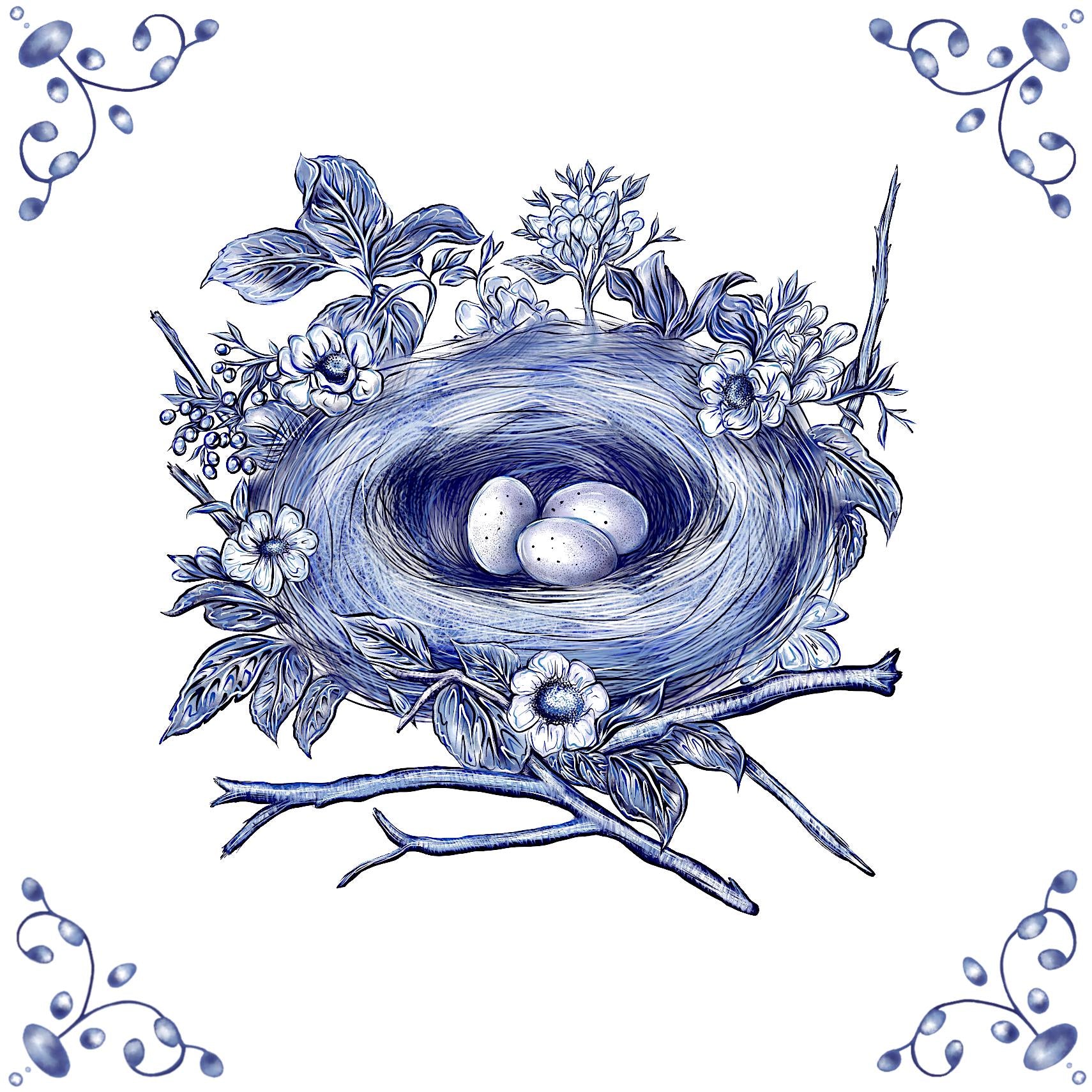Delft Blue Ceramic Tile- Nest with Eggs︱Splashback, Kitchen Tiles, Modern Dutch Style