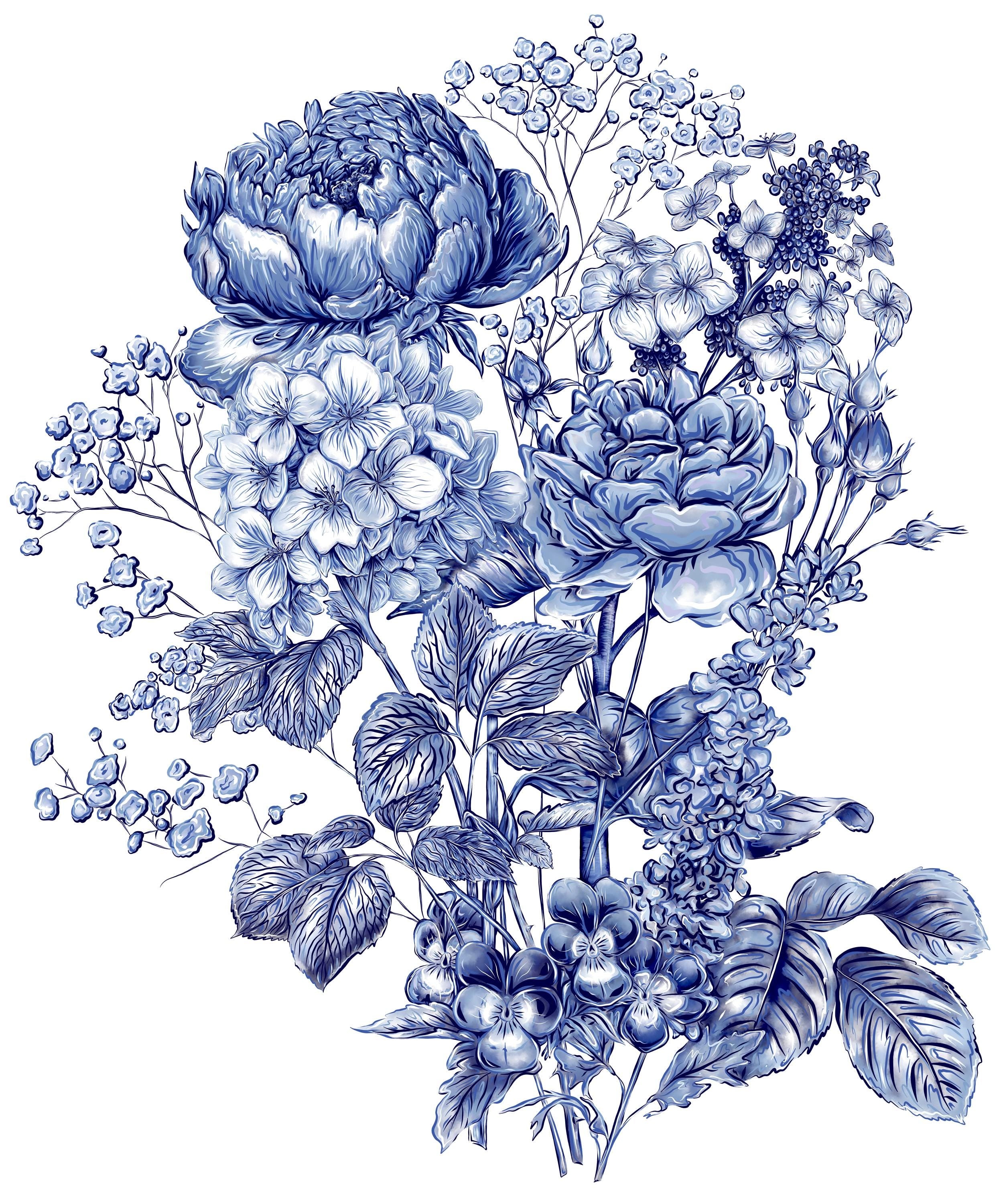 Delft Blue Ceramic Tile Mural- Floral Bouquet︱Splashback, Kitchen Tiles, Modern Dutch Style